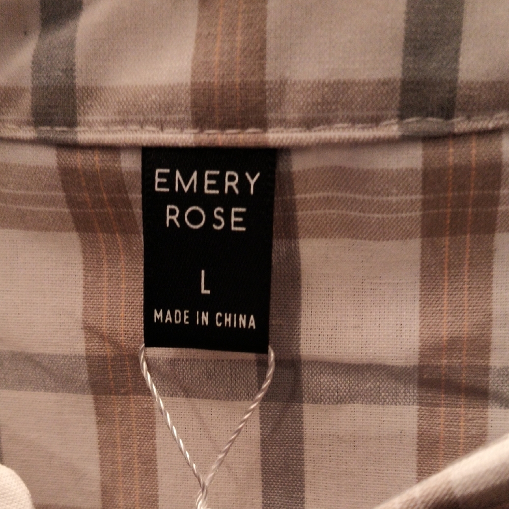 NWT EMERY ROSE Gray Tan Cream Plaid Shirt Size Large